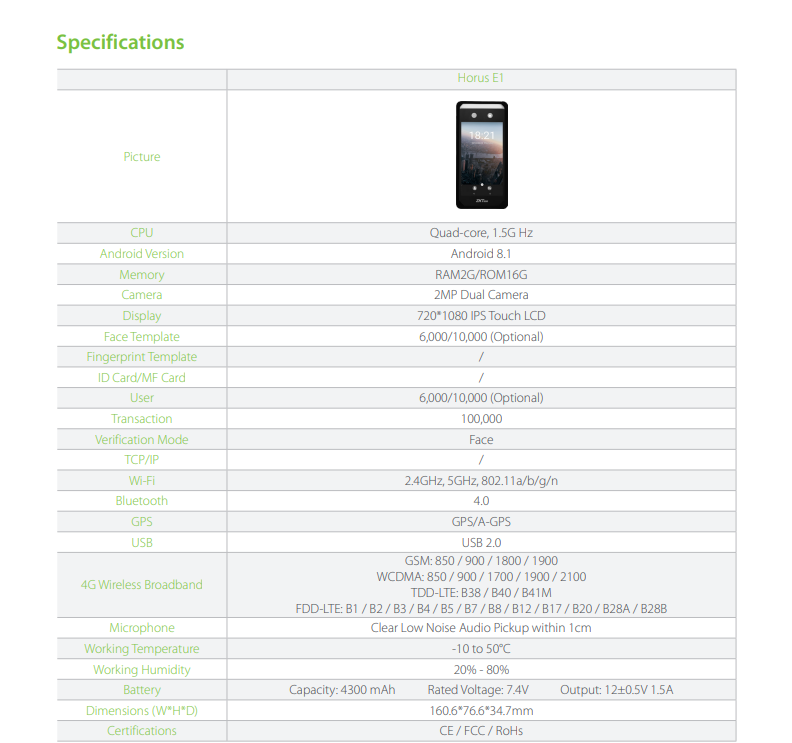ZKTeco Horus E1 (Mobile) 2 ZKTeco Horus E1 Features
