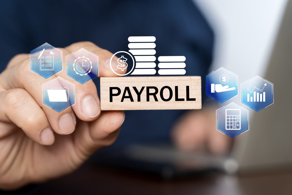 payroll business finance businessman holding virtual payroll icon report financial information